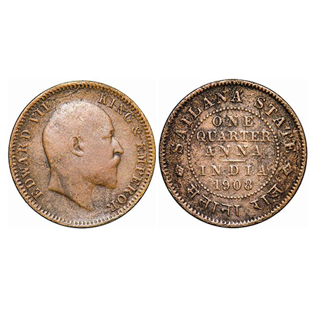 Sailana, Copper, ¼ Anna, 4.48g, 1908, Jaswant Singh, VA 1890/1990 AD, Obv: Bust of King Ed
