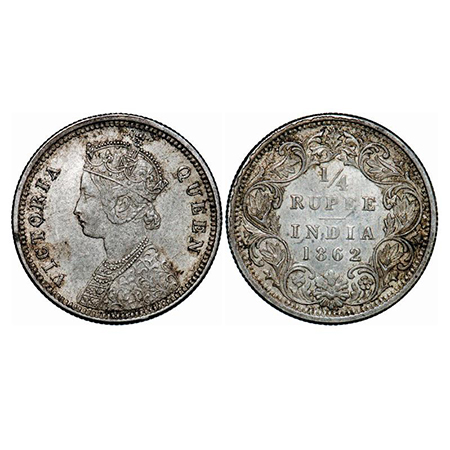 Victoria Queen, Silver, 1/4 Rupee, 1862, Bombay Mint, A/I, The Queens jabot has 4 complete