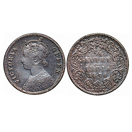 Victoria Queen, Silver, 1/4 Rupee, 1876, 19.34mm, Calcutta Mint, A/I, No mint mark, No 'C'