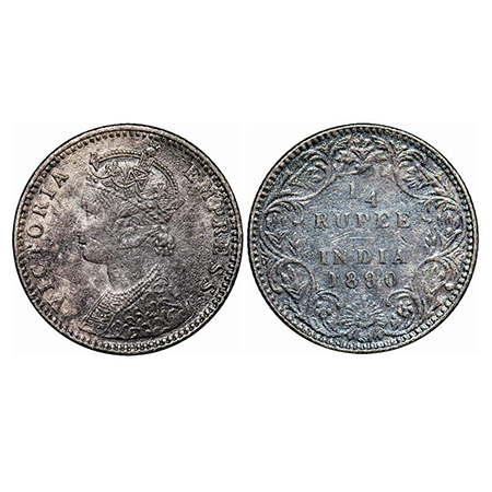 Victoria Empress, Silver, 1/4 Rupee, 1890, Bombay Mint, C(i)/II, 'B' incused. GK 718. Abou