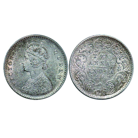 Victoria Queen, Silver, 2 Annas, 1862, Calcutta Mint, A/I, Bottom Flower Top 3 Petals same