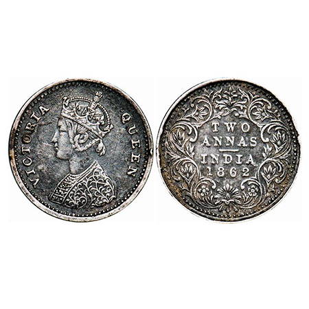 Victoria Queen, Silver, 2 Annas, 1862, Madras Mint, A/I. GK 384. Very Fine. Scarce.