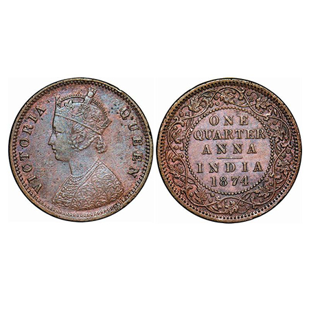 Victoria Queen, Copper, Quarter Anna, 1874, Calcutta Mint, B/II, No mint mark. GK 823. Ext