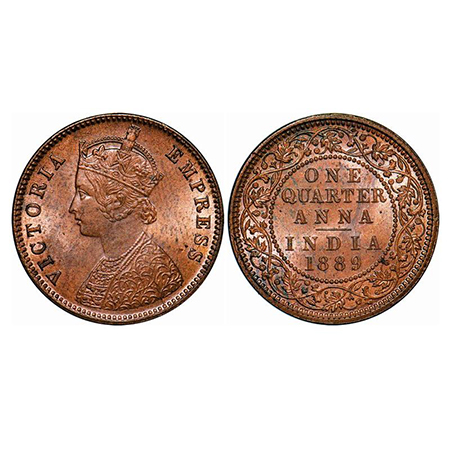 Victoria Empress, Copper, Quarter Anna, 1889, Calcutta Mint, B/II, No mint mark, Ghost on 