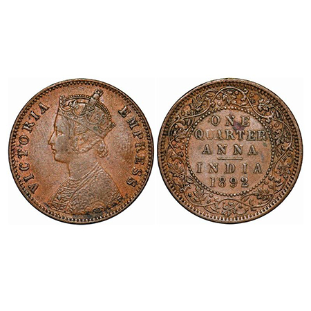 Victoria Empress, Copper, Quarter Anna, 1892, Calcutta Mint, B/II, No mint mark. GK 851. V