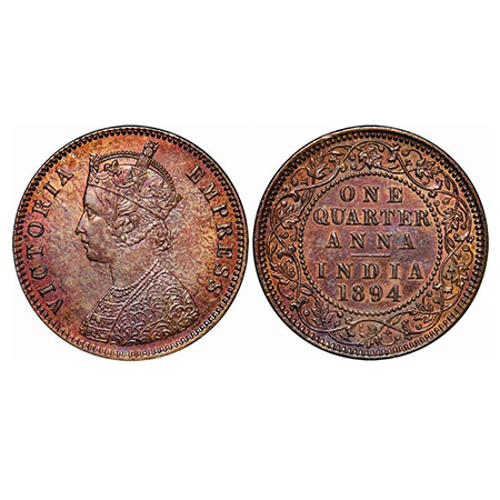 Victoria Empress, Copper, Quarter Anna, 1894, Calcutta Mint, B/II, No mint mark. GK 853. U