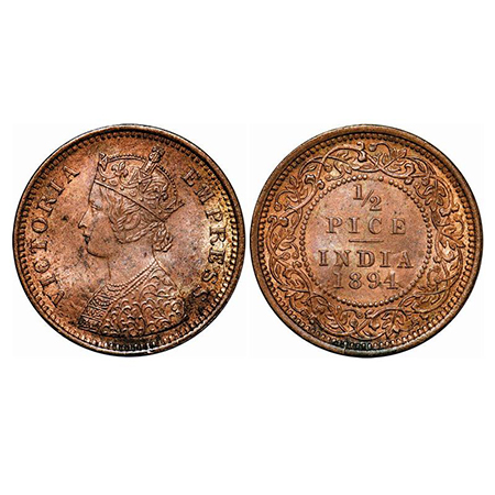 Victoria Empress, Copper, 1/2 Pice, 1894, Calcutta Mint, A/I, No mint mark, Die crack on O