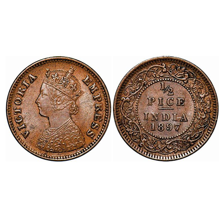 Victoria Empress, Copper, 1/2 Pice, 1897, Calcutta Mint, A/I, No mint mark, Ghost on Rev, 