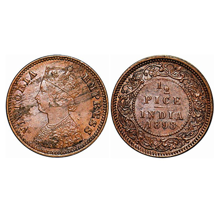 Victoria Empress, Copper, 1/2 Pice, 1898, Calcutta Mint, A/I, No mint mark, Ghost on Rev, 