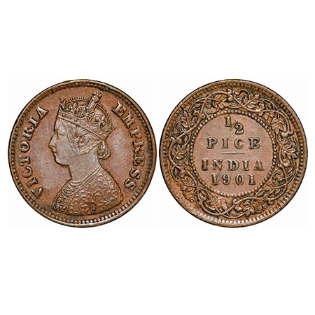 Victoria Empress, Copper, 1/2 Pice, 1901, Calcutta Mint, A/I, No mint mark. GK 881. Very F