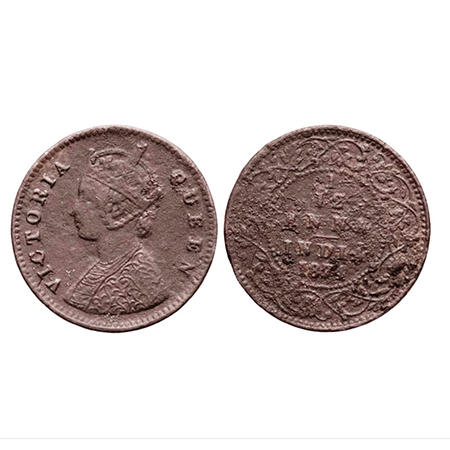 Victoria Queen, Copper 1/12 Anna, 1874, 18.47mm, Calcutta Mint. GK 882. Fine+.