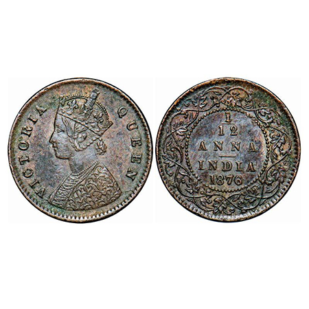 Victoria Queen, Copper, 1/12 Anna, 1876, 17.45mm, Calcutta Mint, Obv A, No mint mark. GK 8
