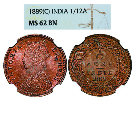 Victoria Empress, Copper, 1/12 Anna, 1889, Bombay Mint, Obv A, No mint mark. GK 909. NGC S
