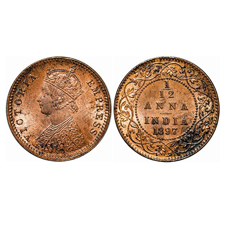 Victoria Empress, Copper, 1/12 Anna, 1897, Calcutta Mint, Obv B, No mint mark, Die crack o