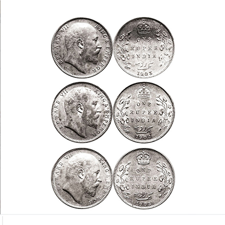 Edward VII, Silver, Rupee (3 Coins), 1903, 1904, 1905, Bombay Mint. F.Prid. 199, 200, 201.