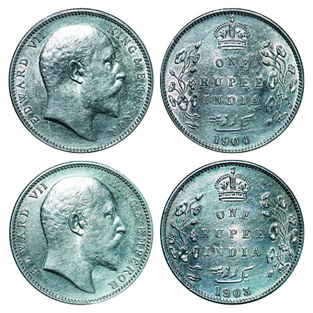 Edward VII, Silver, Rupee, (2 coins), 1903, Bombay Mint, 'B' incused and dot, 1904, Bombay