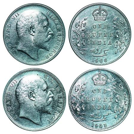 Edward VII, Silver, Rupee, (2 coins), 1905, Bombay Mint, 'B' incused and dot, Top stroke o