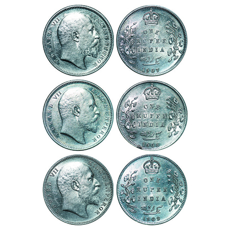 Edward VII, Silver, Rupee, (3 coins), 1907, 1908, Calcutta mint, No mint mark, 1909, Bomba