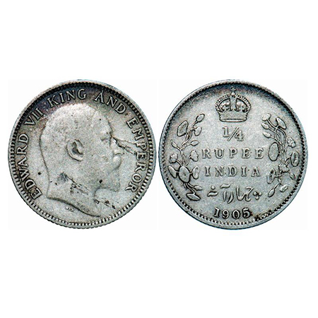 Edward VII, Silver, 1/4 Rupee, 1905, Calcutta Mint, No mint mark, Planchet flaw on Obv, Di