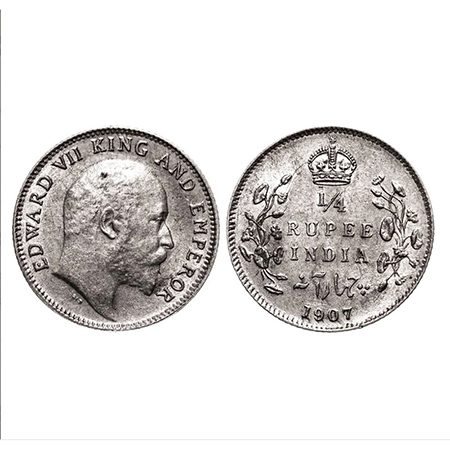 Edward VII, Silver, 1/4 Rupee, 1907, Calcutta Mint. GK 976. About Uncirculated. Scarce.