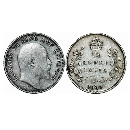 Edward VII, Silver, 1/4 Rupee, 1907, Calcutta mint, No mint mark. GK 976. Extremely Fine. 