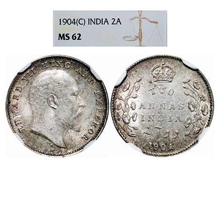 Edward VII, Silver, 2 Annas, 1904, Calcutta Mint, No mint mark, Die cracks on Obv and Rev,