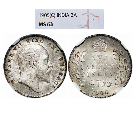 Edward VII, Silver, 2 Annas, 1905, Calcutta Mint, No mint mark, Die doubling of letters in
