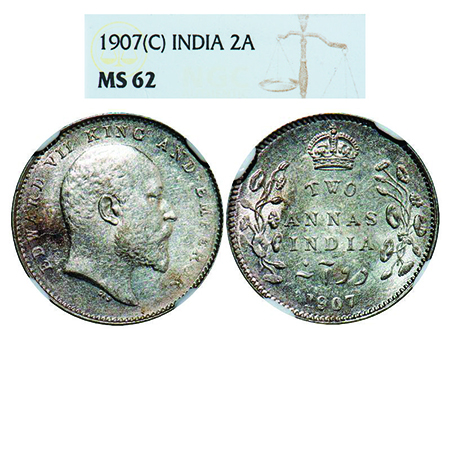 Edward VII, Silver, 2 Annas, 1907, Calcutta Mint, No mint mark, Die crack on Obv, Die rota