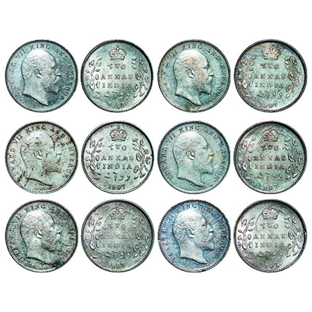 Edward VII, Silver, 2 Annas, (6 coins), 1907, Calcutta Mint, No mint mark. GK 984. About U