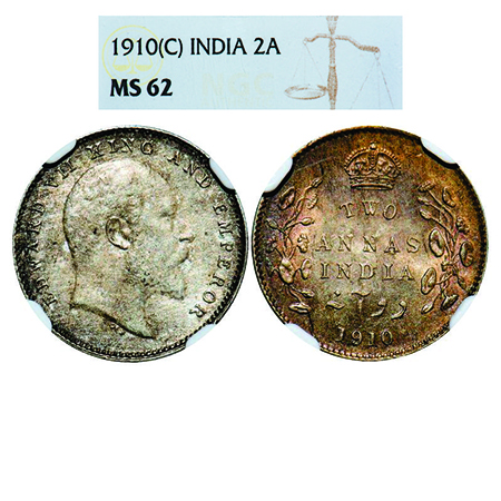 Edward VII, Silver, 2 Annas, 1910, Calcutta Mint, No mint mark, Die rotation on Rev. GK 98