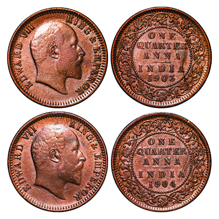 Edward VII, Copper, Quarter Anna, (2 coins), 1903, 1904, Calcutta Mint, No mint mark. GK 9