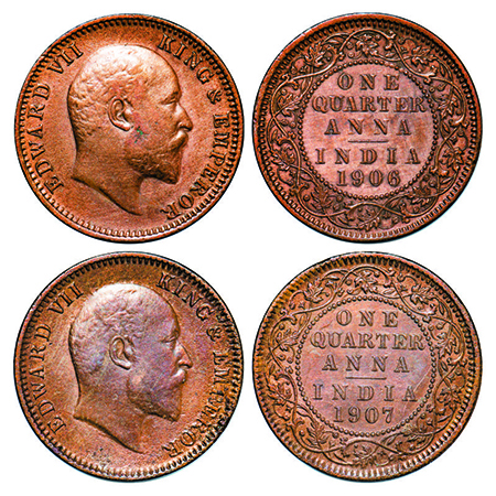 Edward VII, Mix Metal, Quarter Anna, (2 coins), 1) 1906, Copper, 6.42gm, 2) 1907, Bronze. 