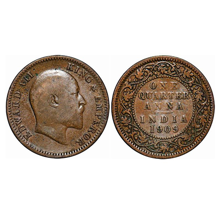 Edward VII, Bronze, Quarter Anna, 1909, Calcutta mint, No mint mark. GK 101. About Very Fi