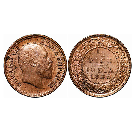 Edward VII, Bronze, 1/2 Pice, 1906, 2.39g, Calcutta Mint, No mint mark. GK 1007. Extremely