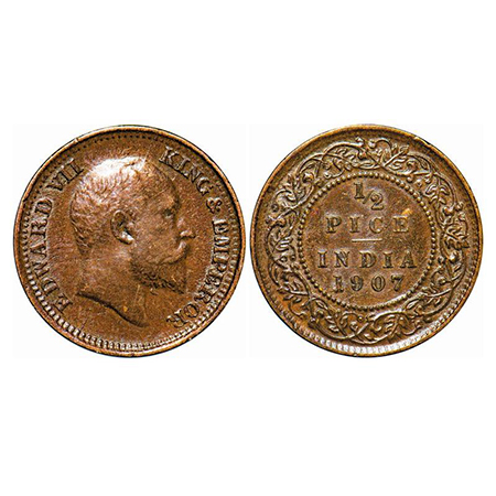 Edward VII, Bronze, 1/2 Pice, 1907, Calcutta Mint, No mint mark, Die cracks on Obv, Ghost 