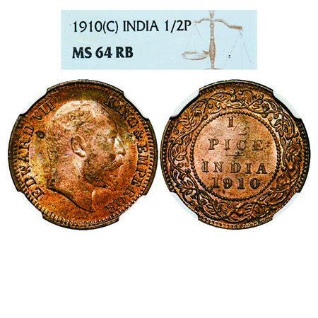 Edward VII, Bronze, 1/2 Pice, 1910, Calcutta Mint, No mint mark. GK 1011. NGC Slabbed MS 6