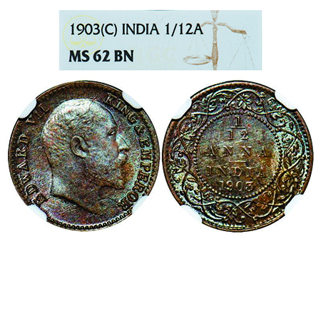 Edward VII, Copper, 1/12 Anna, 1903, Calcutta Mint, No mint mark, Die cracks on Obv, Alpha