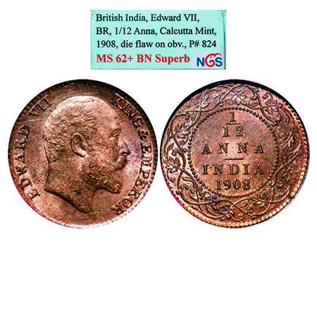 Edward VII, Bronze, 1/12 Anna, 1908, Calcutta Mint, No mint mark, Multiple die cracks on O