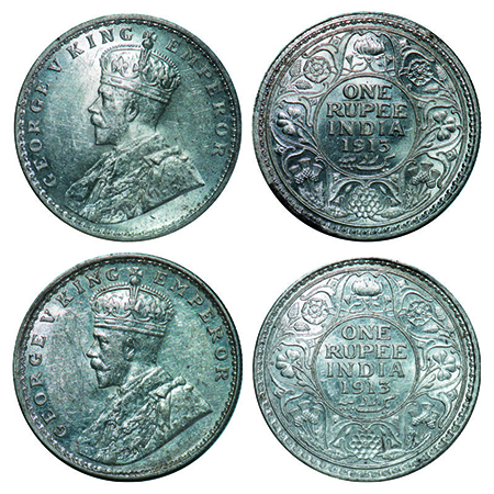 George V, Silver, Rupee, (2 coins), 1913, 1) Calcutta Mint, No dot, 2) Bombay Mint, Dot. G
