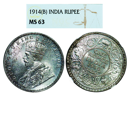George V, Silver, Rupee, 1914, Bombay Mint, Dot, 1 o'clock die rotation on Rev. GK 1030. N