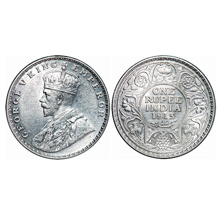 George V, Silver, Rupee, 1915, Bombay Mint, Dot. GK 1032. Uncirculated. Scarce.