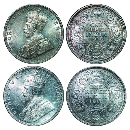George V, Silver, Rupee, (2 coins), 1916, 1) Calcutta Mint, No dot, 2) Bombay Mint , Dot. 