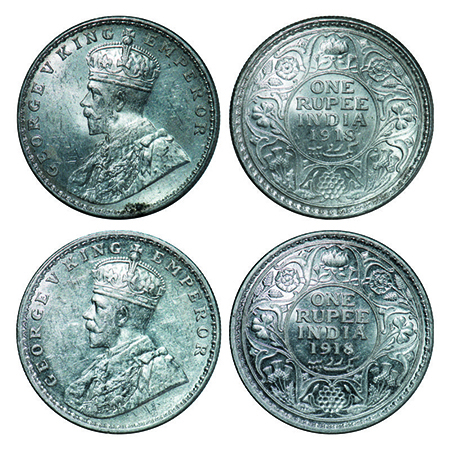 George V, Silver, Rupee, ( 2 coins), 1918, 1) Calcutta Mint, No dot, Die crack on Obv and 