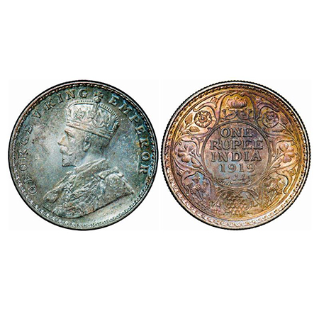 George V, Silver, Rupee, 1919, Calcutta mint, No dot, Die crack on Obv. GK 1039. Mint Grad
