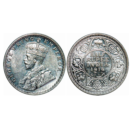 George V, Silver, Half Rupee, 1918, Bombay Mint, Dot, Ghost on Rev. GK 1056. Mint Grade. V