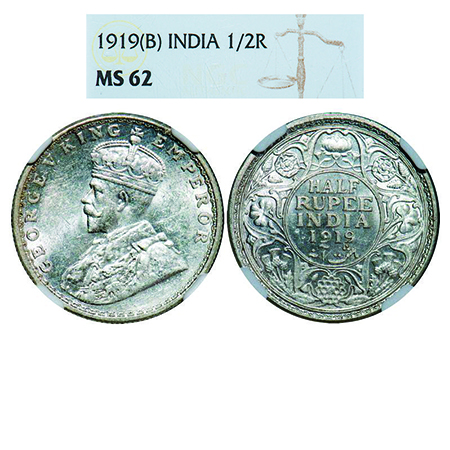 George V, Silver, Half Rupee, 1919, Bombay Mint, Dot. GK 1057. NGC Slabbed MS 62. Rare.