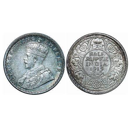 George V, Silver, Half Rupee, 1919, Bombay Mint, Dot, Few cud's on Rev rim edge. GK 1057. 