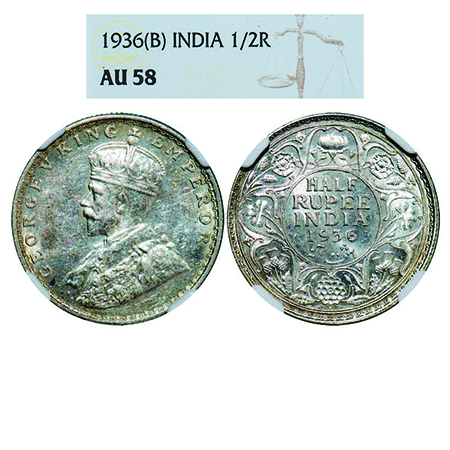 George V, Silver, Half Rupee, 1936, Bombay Mint, Dot. GK 1076. NGC Slabbed AU 58. Scarce.