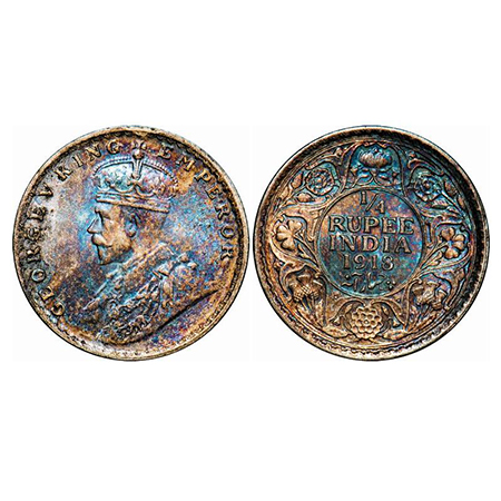 George V, Silver, 1/4 Rupee, 1918, Calcutta Mint, No dot. GK 1091. Mint Grade, Rainbow Ton