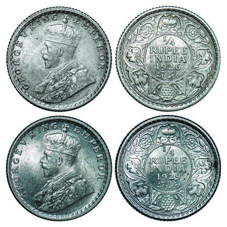George V, Silver, 1/4 Rupee, (2coins), 1926, 1929, Calcutta Mint, No dot. GK 1094, 1096. U